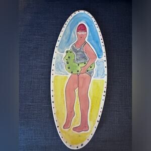 Becky Denny Signed Ceramic Serving Dish Swimmer With Alligator Float 16.2"x6.5"